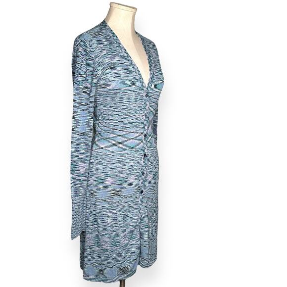 Vintage BCBGMAXAZRIA Y2K Cardigan Sweater Dress Button Up Sheath Teal Abstract - Picture 2 of 9